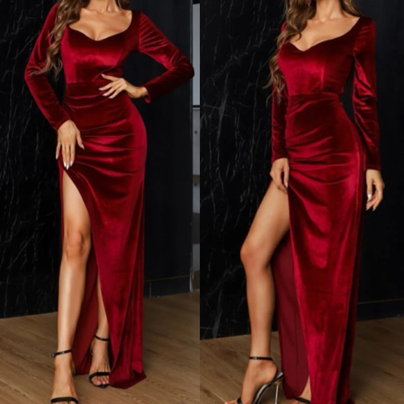 Luxe sweetheart neck slit thigh party evening formal velvet dress - Picture 4 of 12